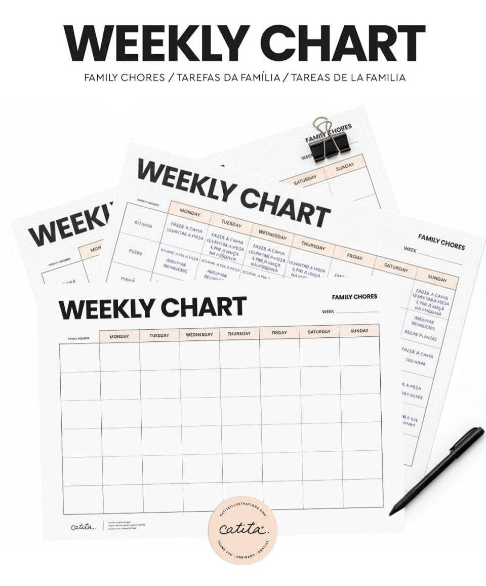 Gráfico Semanal Tarefas da Familia - Printables Catita illustrations